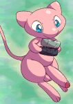 2023 anthro balls blue_eyes erection feet foreskin generation_1_pokemon genitals holding_console holding_object humanoid_genitalia humanoid_penis legendary_pokemon looking_at_object male mew_(pokemon) mincheeto nintendo nintendo_ds nintendo_ds_family penis pink_balls pink_body pink_feet pink_foreskin pinup pokemon pokemon_(species) pose shaded simple_background solo solo_focus tail