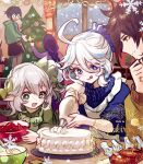  2boys 3girls :q apron baking blue_eyes blue_hair bowl braid cake christmas christmas_tree food furina_(genshin_impact) genshin_impact green_eyes holding holding_bowl long_hair multicolored_hair multiple_boys multiple_girls nahida_(genshin_impact) open_mouth pastry_bag pokira purple_hair raiden_shogun smile streaked_hair table tongue tongue_out venti_(genshin_impact) very_long_hair whisk white_apron white_hair zhongli_(genshin_impact) 