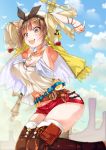  1girl armpits atelier_(series) atelier_ryza belt blue_belt blue_sky boots breasts bridal_legwear brown_belt brown_eyes brown_hair cloud flask gloves hair_ornament hairclip highres jacket jewelry large_breasts leather leather_belt leather_gloves navel necklace open_mouth porurin red_shorts reisalin_stout round-bottom_flask short_hair short_shorts shorts sky sleeveless sleeveless_jacket star star_necklace thick_thighs thighs toeless_boots vial white_headwear yellow_jacket 
