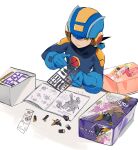  1boy bass.exe_(mega_man) brown_hair character_name green_eyes helmet highres mayutsuba_mono mega_man_(series) mega_man_battle_network_(series) megaman.exe model_building model_kit roll.exe_(mega_man) short_hair solo spiked_hair 