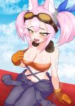  1girl absurdres animal_ears bandeau bare_shoulders blush duel_monster gloves goggles goggles_on_head highres jumpsuit jumpsuit_around_waist kitt_(yu-gi-oh!) midriff oldsickkim orange_gloves pink_hair sitting sky solo stomach sweat tongue tongue_out tri-brigade_kitt twintails yellow_eyes yu-gi-oh! 