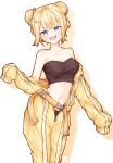  1girl :d bare_shoulders belt black_tube_top blonde_hair blue_eyes breasts buckle collarbone commentary cowboy_shot double_bun english_commentary hair_bun highres hololive hololive_english looking_at_viewer ma_draws medium_breasts midriff navel official_alternate_costume open_jumpsuit orange_belt simple_background smile snap-fit_buckle solo spacesuit standing strapless suit tube_top undressing virtual_youtuber watson_amelia watson_amelia_(astronaut) white_background yellow_suit 