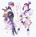  1boy 1girl backpack bag black_footwear black_hair blue_hair boots closed_eyes eevee full_body furret glasses hand_in_pocket highres hood hood_down hoodie jacket kieran_(pokemon) kodamari long_sleeves mole mole_on_neck multicolored_hair open_clothes open_jacket open_mouth pantyhose parted_lips penny_(pokemon) pokemon pokemon_(creature) pokemon_sv purple_hair red_hair red_tank_top shoes short_hair shorts simple_background skirt socks sweat sylveon tank_top translation_request white_footwear white_jacket white_shorts 