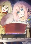  2girls absurdres blonde_hair blue_eyes blush bottle coat cooking cooking_pot fang fire food green_eyes hair_between_eyes hair_ornament highres inuyama_aoi kagamihara_nadeshiko labbilatta_39 long_hair medium_hair multiple_girls night night_sky open_mouth pink_hair scarf skin_fang sky star_(sky) thick_eyebrows yellow_coat yurucamp 