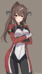  1girl alternate_costume biker_clothes bikesuit bodysuit brown_eyes brown_hair commentary_request cowboy_shot crossed_arms grey_background headgear highres kantai_collection long_hair miron_(mirona33) multicolored_bikesuit multicolored_bodysuit multicolored_clothes ponytail solo standing yamato_(kancolle) 