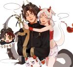 1boy 1girl :d ;d ^_^ arknights banshanke85796 bare_shoulders black_jacket blank_speech_bubble brother_and_sister brown_eyes brown_hair brown_horns brown_tail chibi chibi_inset chong_yue_(arknights) closed_eyes cowboy_shot crop_top dragon_boy dragon_bubble_(arknights) dragon_girl dragon_horns earrings fang grey_horns groin highres horns hug jacket jewelry long_hair long_sleeves looking_at_another nian_(arknights) one_eye_closed open_mouth parted_bangs pointy_ears red_horns red_tail red_tube_top red_wristband short_hair shorts siblings sideways_glance simple_background sketch smile speech_bubble split_mouth standing strapless tail_raised tube_top white_background white_hair white_shorts white_tail wristband 