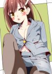  1girl absurdres alternate_hairstyle blush breasts brown_hair business_casual cleavage gakkou_gurashi! hair_ornament hairclip highres long_hair long_sleeves mole mole_under_eye navel older open_mouth sinakyo spoilers wakasa_yuuri yellow_eyes 