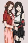  2girls absurdres aerith_gainsborough arm_around_waist black_hair black_thighhighs braid braided_ponytail brown_hair closed_mouth commentary crop_top dress earrings eyelashes final_fantasy final_fantasy_vii final_fantasy_vii_rebirth final_fantasy_vii_remake fingerless_gloves gloves green_eyes grey_background hair_ribbon highres holding_another&#039;s_wrist jacket jewelry looking_at_viewer multiple_girls navel necklace pink_dress pink_eyes pink_ribbon red_jacket ribbon shiren_(ourboy83) skindentation skirt smile standing suspender_skirt suspenders thighhighs tifa_lockhart upper_body zettai_ryouiki 