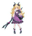  1girl bare_arms bare_shoulders black_footwear blonde_hair boots commentary dot_nose dress footwear full_body gloves holding holding_weapon horns knees little_witch_nobeta long_hair looking_at_viewer nobeta non-web_source purple_dress purple_eyes shoes simple_background solo spaghetti_strap standing transparent_background weapon 