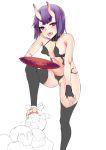  2017 5_fingers 5_toes asian_mythology assassin_shuten-douji breasts clothing demon east_asian_mythology fate_(series) fingerless_gloves fingers gloves hair handwear holding_object horn japanese_mythology looking_at_viewer mythology not_furry oni plate purple_eyes purple_hair short_hair simple_background toes tongue translucent translucent_hair white_background wwwazxc yōkai 