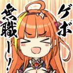  &gt;_&lt; 1girl :d ahoge bangs blonde_hair blunt_bangs blush_stickers breasts brown_hairband cleavage closed_eyes dragon_horns engiyoshi eyebrows_visible_through_hair facing_viewer hair_ornament hairband hololive horns kiryuu_coco long_hair medium_breasts multicolored_hair open_mouth orange_hair shrug_(clothing) smile solo streaked_hair translation_request upper_body v-shaped_eyebrows virtual_youtuber xd 