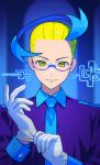  1boy adjusting_clothes adjusting_gloves blonde_hair blue_background blue_hair colress_(pokemon) glasses gloves highres looking_at_viewer male_focus meloni_shvarts multicolored_hair necktie pokemon pokemon_bw2 solo straight-on two-tone_hair upper_body yellow_eyes 