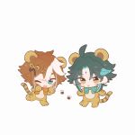  2boys ahoge animal_costume animal_ears animal_hands antenna_hair blue_bow blue_bowtie blue_eyes blue_hair blush_stickers bow bowtie brown_hair brown_ribbon chibi closed_mouth commentary_request facial_mark fake_animal_ears fake_tail fang forehead_mark full_body genshin_impact gorou_(genshin_impact) green_hair hair_between_eyes hair_ribbon hands_up highres leg_up lion_costume lion_ears lion_tail looking_at_viewer male_focus multicolored_hair multiple_boys one_eye_closed open_mouth orange_bow orange_bowtie ribbon short_hair simple_background skin_fang smile standing standing_on_one_leg tail tongue tongue_out two-tone_hair white_background white_hair xiao_(genshin_impact) yellow_eyes yuita-kun 