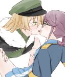  2girls black_cape blonde_hair blue_eyes blue_jacket blue_skirt blush cape closed_mouth commentary daiba_nana epaulettes f_et fur-trimmed_cape fur_trim glasses green_eyes green_headwear hands_on_another&#039;s_thighs hat hoshimi_junna jacket licking licking_another&#039;s_face looking_at_another medium_hair military_hat multiple_girls purple_hair saliva shoujo_kageki_revue_starlight skirt spread_legs symbol-only_commentary yuri 