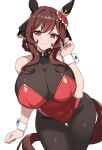  1girl animal_ears bare_shoulders black_bow black_bowtie bodysuit bow bowtie braid breasts brown_hair ear_covers gentildonna_(umamusume) hand_up highres horse_ears horse_girl horse_tail large_breasts leotard long_hair red_eyes red_leotard sidelocks smile solo tail umamusume wrist_cuffs zukanosuke 