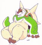 2023 anthro biped blush chesnaught fur generation_6_pokemon genitals green_body hi_res looking_at_viewer male nintendo pokemon pokemon_(species) raburigaron sitting sitting_on_ground slightly_chubby smile solo white_body white_fur