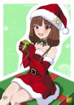  1girl :d absurdres bare_shoulders bow bowtie breasts brown_eyes brown_hair cleavage collarbone dress elbow_gloves fur-trimmed_gloves fur_trim gift gloves green_background green_bow green_bowtie hat highres holding holding_gift iino_miko kaguya-sama_wa_kokurasetai_~tensai-tachi_no_renai_zunousen~ long_hair medium_breasts metaminegl red_gloves santa_dress santa_hat sitting smile solo teeth twintails upper_teeth_only white_background 