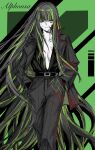  1girl alfonso_(project_moon) ashi_(dongshi389) belt black_hair black_pants blood blood_on_clothes blood_on_face blood_on_gloves breasts character_name closed_eyes closed_mouth collarbone formal green_background green_hair hands_in_pockets highres jacket limbus_company long_hair looking_at_viewer multicolored_hair pants project_moon smile solo streaked_hair suit very_long_hair 