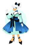 absurd_res accessory alternate_costume anatid anseriform anthro avian bird bow_ribbon classy clothing daisy_duck disney dress duck ducktales ducktales_(2017) female flower_accessory footwear hair_accessory hair_bow hair_ribbon hi_res high_heeled_shoes high_heels long_dress lunula_(artist) ribbons shoes smile solo