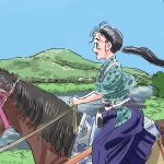  1girl black_hair blue_kimono blue_sky dmohashi floating_hair from_side highres hill horse horseback_riding inktober japanese_clothes kimono landscape long_hair open_mouth original ponytail riding river sky solo 