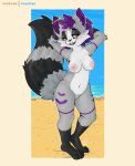 absurd_res anthro azzy_the_trash_panda beach blush breasts ear_piercing female flirting flirting_with_viewer fluffy fluffy_tail genitals half-closed_eyes hi_res katxfish mammal medium_breasts narrowed_eyes nipples nude nude_beach paws piercing pink_pussy pose procyonid public public_nudity pussy raccoon raised_hips sand sea solo tail water wide_hips