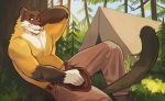 anthro bedroom_eyes boots bottomwear brown_body brown_fur chaps chest_tuft clothing clover_field cowboy cowboy_hat facial_hair footwear forest forest_background fur go1iath goatee gulonine hat headgear headwear hi_res lying lying_on_ground male mammal marten mustache mustelid musteline narrowed_eyes nature nature_background pinup plant pose seductive shirtless shirtless_anthro shirtless_male sky solo solo_focus tail tent tree tuft white_body white_fur white_hands yellow-throated_marten yellow_body yellow_fur
