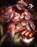  1boy alternate_muscle_size bara beard body_fur brown_hair bulge cooking cum cum_in_clothes cum_through_clothes dungeon_meshi dwarf facial_hair fake_horns feet_out_of_frame food foreskin fundoshi hairy helmet highres holding holding_plate horned_helmet horns incoming_food japanese_clothes large_bulge large_pectorals long_beard looking_at_viewer male_focus muscular muscular_male navel navel_hair nekotine_art nipples pectorals plate sausage see-through senshi_(dungeon_meshi) sitting solo sparse_chest_hair spread_legs testicle_peek thick_mustache very_long_beard wet wet_clothes wet_fundoshi 