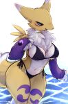 2023 3_fingers abs absurd_res anthro armwear bandai_namco big_ears bikini black_sclera blue_eyes blush breasts bridal_gauntlets clothing digimon digimon_(species) female fingers fur hi_res ingi multicolored_ears multicolored_tail navel piercing renamon signature solo swimwear tail thick_thighs tongue tongue_out tuft water wet white_body white_fur yellow_body yellow_fur
