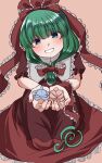  1girl ahodemoaru arm_ribbon bow dress frilled_bow frilled_ribbon frills front_ponytail green_eyes green_hair highres holding kagiyama_hina looking_at_viewer one-hour_drawing_challenge red_bow red_dress red_ribbon ribbon smile solo touhou 