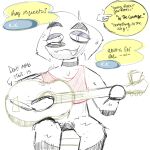 animal_crossing anthro ari_q canid canine choker clothing colored_sketch crop_top guitar hi_res jewelry k.k._slider male mammal musical_instrument necklace nintendo offscreen_character plucked_string_instrument shirt sketch smile smiling_at_viewer smirk smirking_at_viewer solo solo_focus speech_bubble string_instrument topwear unfinished