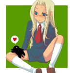  1girl aged_down ascot blonde_hair blue_eyes blue_shorts cat glasses heart hellsing integra_hellsing kneehighs long_hair lowres oekaki red_ascot shorts sitting socks solo spoken_heart toshimichi_yukari white_socks 