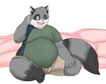  2009 anthro belly bottomwear clothing fur grey_body grey_fur humanoid_hands male mammal overweight overweight_male paran0id42 procyonid raccoon shirt shorts sitting solo topwear 