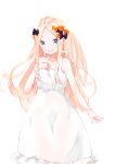  1girl abigail_williams_(fate) absurdres bare_arms bare_shoulders black_bow blonde_hair blue_eyes blush bow closed_mouth collarbone commentary dress fate/grand_order fate_(series) forehead frilled_dress frills hair_bow hand_up highres long_hair looking_at_viewer orange_bow parted_bangs simple_background sleeveless sleeveless_dress smile solo very_long_hair white_background yukaa 