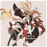  2girls animal_ears asuka_(junerabitts) asymmetrical_footwear black_bow black_footwear blonde_hair bow braided_hair_rings brown_background brown_eyes brown_hair cape character_name commentary_request dancing ear_covers ear_ornament epaulettes full_body gentildonna_(umamusume) gloves hair_bow half-closed_eyes high_heels horse_ears horse_girl horse_tail lace-trimmed_skirt lace_trim leaning_back leaning_forward light_brown_hair long_hair medium_hair mismatched_footwear multicolored_hair multiple_girls notice_lines orange_hair orfevre_(umamusume) outside_border purple_eyes see-through single_ear_cover skirt sparkle_background tail tango thighhighs umamusume white_footwear white_gloves 