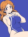  1girl bc_freedom_(emblem) blue_background blue_eyes blue_one-piece_swimsuit blush breasts closed_mouth emblem girls_und_panzer isabe_(girls_und_panzer) large_breasts long_hair looking_at_viewer one-piece_swimsuit oosaka_kanagawa orange_hair sideboob simple_background smile solo swimsuit 