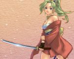  1girl bare_shoulders blue_eyes breasts cleavage closed_mouth earrings final_fantasy final_fantasy_vi fingerless_gloves gloves green_hair hair_ornament japanese_clothes jewelry katana looking_at_viewer medium_hair ponytail quot smile solo sword tina_branford weapon 
