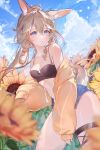  absurdres animal_ears black_camisole blonde_hair blue_eyes braid breasts camisole cropped_shirt day field flower flower_field highres indie_virtual_youtuber jacket long_hair looking_at_viewer medium_breasts naiichie off_shoulder open_clothes open_jacket outdoors rabbit_ears rabbit_tail shorts sunflower sunflower_field tail twin_braids 