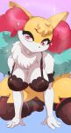 2024 4_fingers absurd_res anthro areola big_breasts black_body black_fur bra braixen breasts cleavage clothed clothing digital_media_(artwork) eyebrows fan_character female fingers fishnet fur generation_6_pokemon hi_res inner_ear_fluff juzztie kneeling legwear lingerie looking_at_viewer nintendo nipples panties pokemon pokemon_(species) red_eyes seraphine_(roflfox) smile solo sparkles stockings translucent tuft underwear white_body white_fur yellow_body yellow_fur