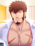  1boy alternate_costume alternate_hairstyle bangs beard blue_eyes brown_hair chest facial_hair fate/grand_order fate_(series) highres looking_at_viewer male_focus muscle napoleon_bonaparte_(fate/grand_order) open_clothes pectorals scar shirt sideburns simple_background smile solo suzuki80 