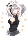  1girl animal_ears arknights armpits arms_up black_hair black_shirt breasts cleavage cleavage_cutout clothing_cutout commentary_request feater_(arknights) grey_hair grin hair_over_one_eye hiiragi_(hiragi_w_p_e) holding holding_removed_eyewear looking_at_viewer medium_breasts multicolored_hair notice_lines one-hour_drawing_challenge pink_eyes round_eyewear shirt short_eyebrows simple_background sleeveless sleeveless_shirt smile solo streaked_hair sunglasses thick_eyebrows twintails unworn_eyewear white_background 
