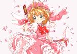 1girl beret bow bowtie brown_hair cardcaptor_sakura clow_card commentary_request cowboy_shot dress fujimoto_satoru fuuin_no_tsue glove_bow gloves green_eyes hand_up hat holding holding_wand kinomoto_sakura magical_girl parted_lips petals pink_gloves pink_petals puffy_short_sleeves puffy_sleeves red_bow red_bowtie red_dress red_headwear short_sleeves simple_background solo wand white_background wings 