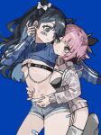 2girls :t bandaid bandaid_on_face bandaid_on_thigh belt belt_bra black_bra black_hair blue_background blue_hair blue_jacket blush bow bra breasts colored_inner_hair commentary cone_hair_bun cowboy_shot cropped_jacket garter_straps hair_bow hair_bun hands_on_another&#039;s_stomach heart heart_in_eye heart_o-ring highres hug hug_from_behind inu_totemo jacket long_sleeves looking_at_another mole mole_on_stomach multicolored_hair multiple_girls navel o-ring o-ring_belt original parted_lips pink_hair puffy_long_sleeves puffy_sleeves simple_background small_breasts symbol-only_commentary symbol_in_eye thighs two-tone_hair underwear white_bow 