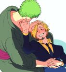  2boys black_necktie blonde_hair blush closed_eyes couple curly_hair facial_hair goatee green_hair grin hand_in_another&#039;s_hair highres holding_hands interlocked_fingers japanese_clothes lap_pillow male_focus multiple_boys necktie one_piece roronoa_zoro sanji_(one_piece) shirt short_hair simple_background smile suit tm_one white_background yaoi yellow_shirt 
