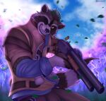 absurd_res anthro clothed clothing cloud digital_media_(artwork) ear_piercing electricity epic_games facial_piercing forest forest_background fortnite fur galletoart gun hair hi_res holding_object holding_weapon lightning male mammal nature nature_background nose_piercing outside piercing plant procyonid raccoon ranged_weapon rufus_(fortnite) shotgun smile solo storm tail tree weapon