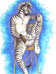 2003 anthro ayame_emaya balls blue_background chair cocky equid equine erection furniture genitals hand_on_knee hand_on_leg hand_on_thigh male male/male mammal nude on_chair signature simple_background sitting sitting_on_chair solo stripes white_background zebra