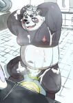 2024 absurd_res anthro bathing bear belly black_body black_nose blue_eyes blush flaccid genitals giant_panda hi_res kemoniku120 kemono male mammal moobs navel nipples one_eye_closed overweight overweight_male penis sitting small_penis solo steam white_body wink