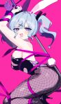  1girl :d animal_ears armpits black_footwear black_leotard black_pantyhose blue_eyes blue_hair blush bound bound_wrists breasts fake_animal_ears fake_tail fishnet_pantyhose fishnets from_side full_body hair_ornament hatsune_miku heart heart-shaped_pupils hell_fuuna high_heels highleg highleg_leotard highres large_breasts leotard looking_at_viewer necktie open_mouth pantyhose pink_background pink_necktie pole rabbit_ears rabbit_hole_(vocaloid) rabbit_tail ribbon ribbon_bondage short_hair sidelocks simple_background smile solo stripper_pole symbol-shaped_pupils tail twintails vocaloid x_hair_ornament 