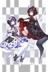  2girls ahoge ankle_cuffs arm_cuffs artist_name bangs bare_shoulders black_dress black_flower black_gloves black_hair blue_eyes blue_hair breasts chain checkered checkered_background commentary_request dark_persona dated dhkdldpa dress dress_flower eyebrows_visible_through_hair flower frilled_dress frills full_body gloves grey_background grey_dress hair_between_eyes hair_flower hair_ornament hand_up high_heels highres honkai_(series) honkai_impact_3rd keyhole leg_hug leg_up looking_at_viewer medium_breasts multicolored_hair multiple_girls red_eyes red_hair red_legwear seele_vollerei seele_vollerei_(stygian_nymph) sidelocks sitting sleeveless sleeveless_dress smile thighhighs two-tone_background two-tone_hair veliona white_background white_dress white_footwear white_gloves white_legwear wrist_cuffs zettai_ryouiki 