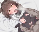  1boy 1girl absurdres bed_sheet black_bodysuit black_sailor_collar blush bodysuit breasts brown_hair clothed_female_nude_male finger_in_another&#039;s_mouth foreshortening hatsuzuki_(kancolle) heart heart-shaped_pupils hetero highres kantai_collection looking_at_viewer medium_breasts nipples nose_blush nude open_mouth sailor_collar saliva sex shiawase_hougan solo_focus sweat symbol-shaped_pupils tears tongue torn_bodysuit torn_clothes yellow_eyes 