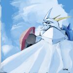  armor artist_logo blue_eyes cape cloud digimon digimon_(creature) english_commentary from_behind horns looking_to_the_side notaventura omegamon shield shoulder_armor spikes upper_body white_cape 